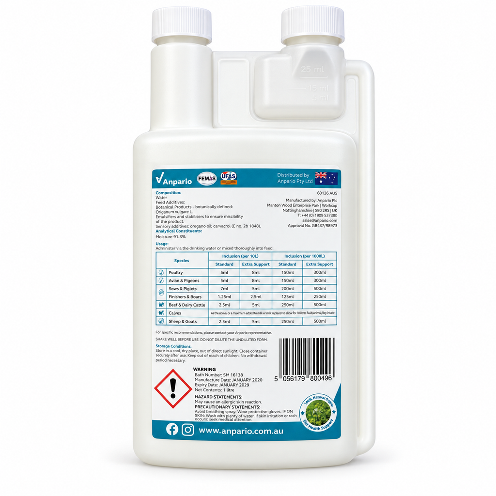 Anpario Orego-Stim 1 L rear label and dosage table