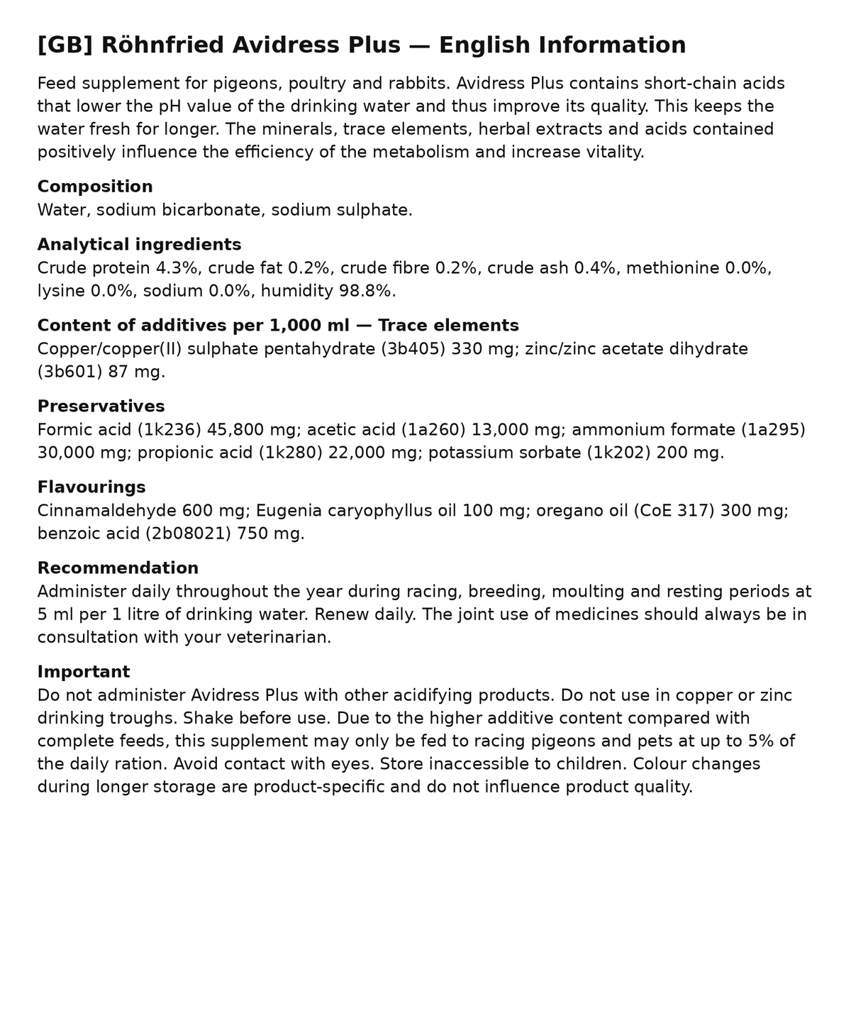Röhnfried Avidress Plus 1 L exact clear English information