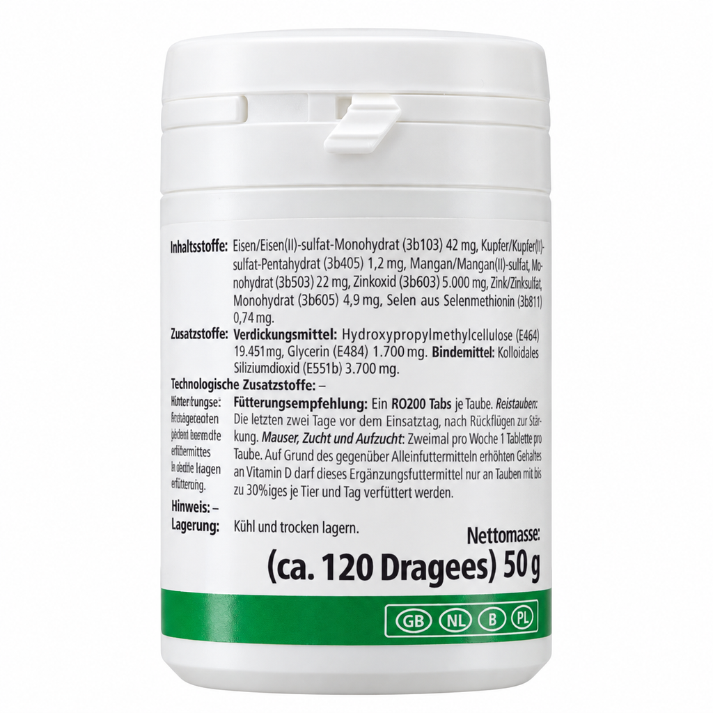 Röhnfried RO200 Tabs rear label showing approximately 120 dragees and 50 g