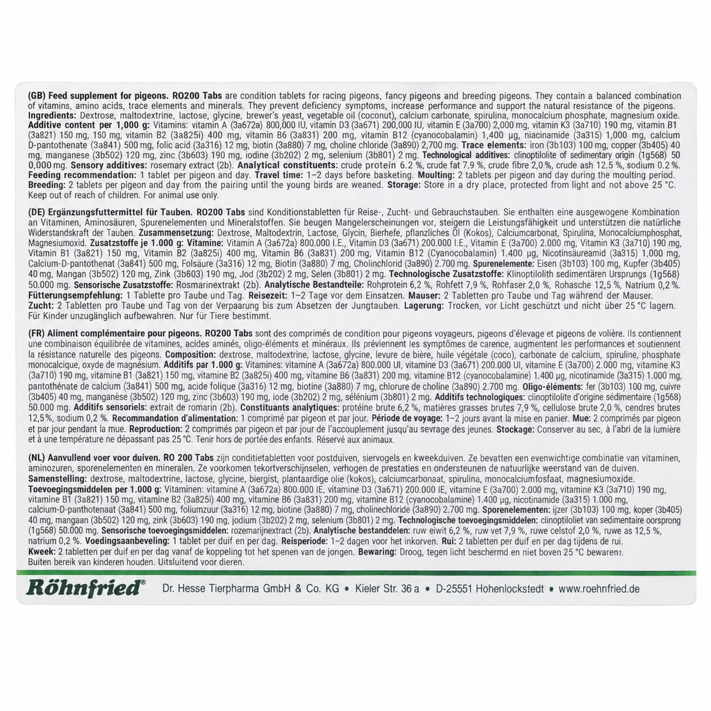 Röhnfried RO200 Tabs restored English product information and feeding instructions