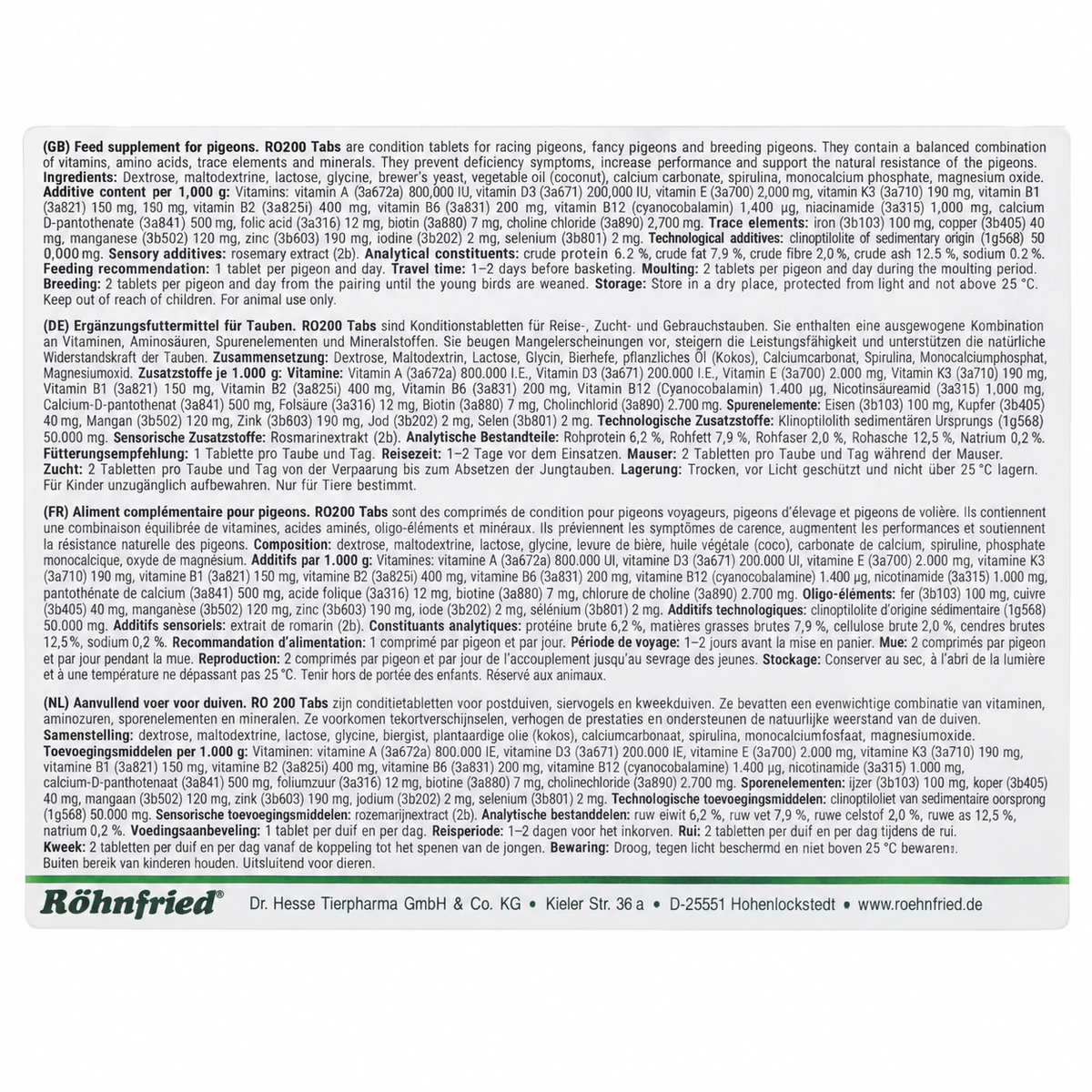 Röhnfried RO200 Tabs restored English product information and feeding instructions